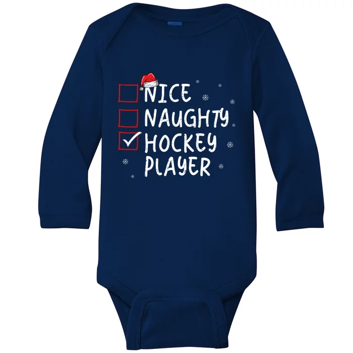 Nice Naughty Hockey Player Christmas Funny Xmas Santa Hat Gift Baby Long Sleeve Bodysuit