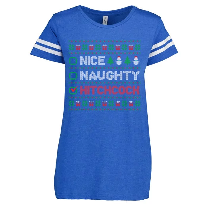 Nice Naughty Hitchcock Christmas List Ugly Sweater Gift Enza Ladies Jersey Football T-Shirt