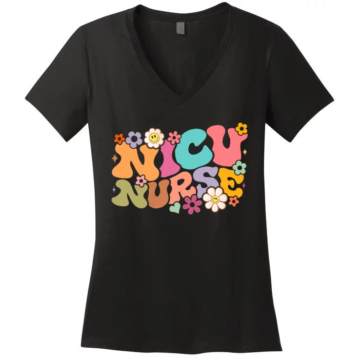 Nicu Nurse Icu Groovy Nursing Neonatal Intensive Care Unit Women's V-Neck T-Shirt