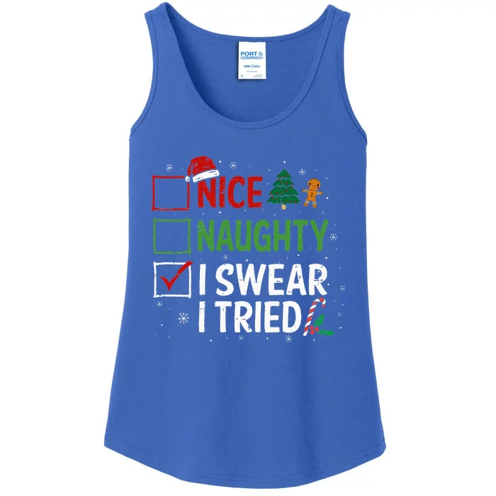 Nice Naughty I Swear I Tried Christmas List Xmas Santa Claus Ladies Essential Tank