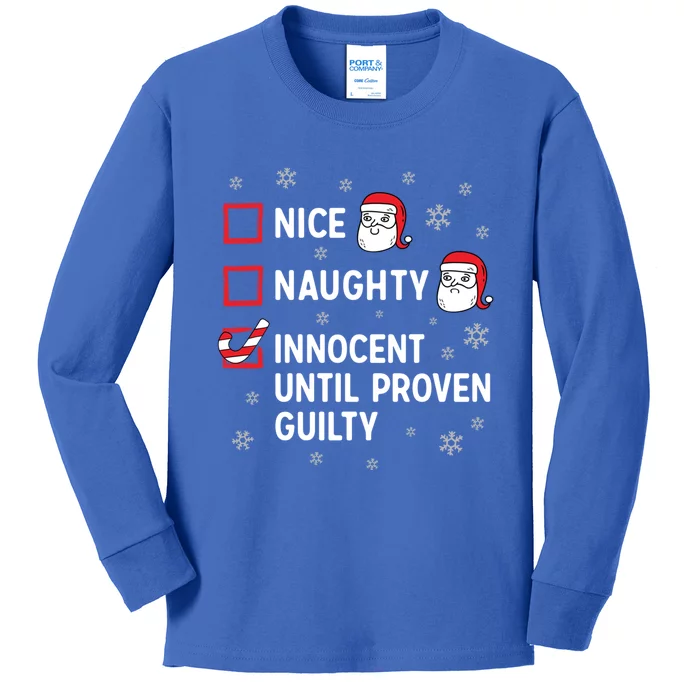 Nice Naughty Innocent Until Proven Guilty Christmas Cool Gift Kids Long Sleeve Shirt