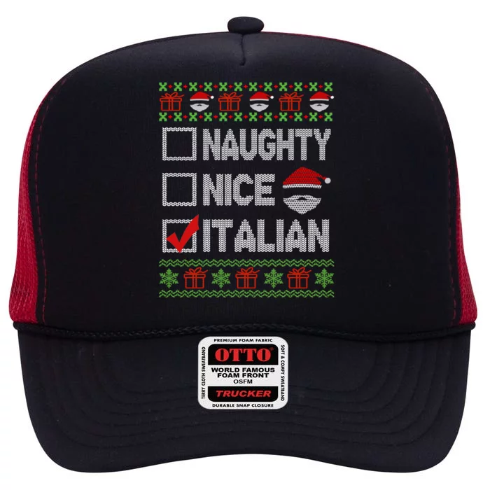 Naughty Nice Italian Xmas Santa Ugly Sweater Funny Christmas Gift High Crown Mesh Trucker Hat