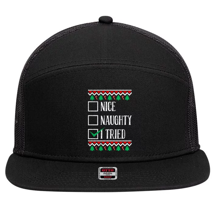 Nice Naughty I Tried Christmas 7 Panel Mesh Trucker Snapback Hat