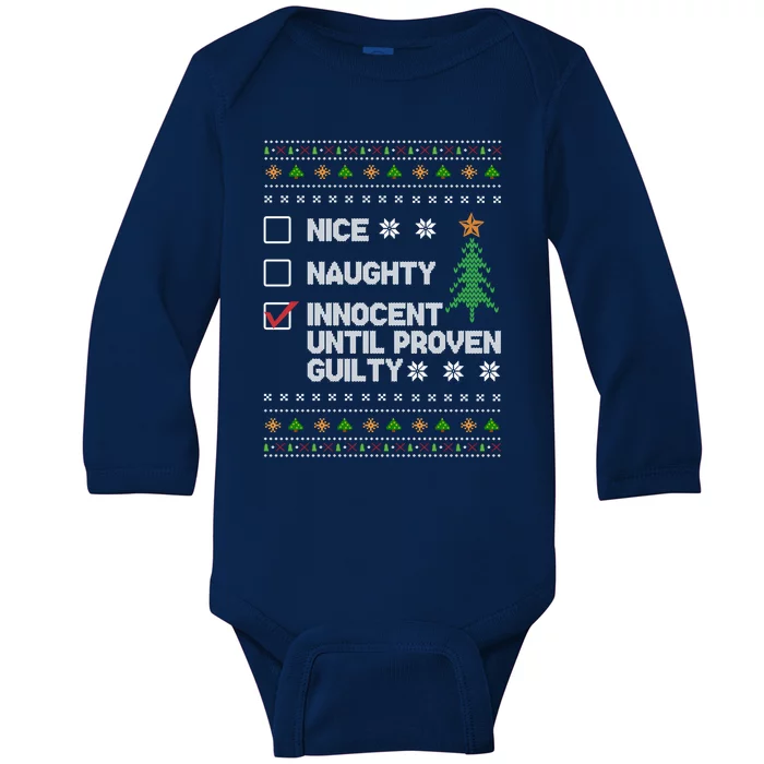 Nice Naughty Innocent Until Proven Guilty Christmas List Cute Gift Baby Long Sleeve Bodysuit