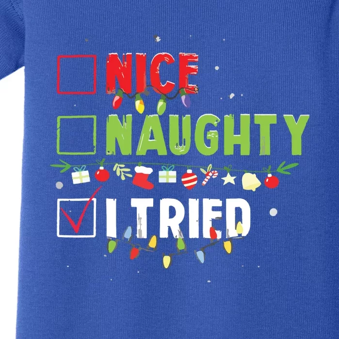 Nice Naughty I Tried Funny Santa Hat Christmas Baby Bodysuit