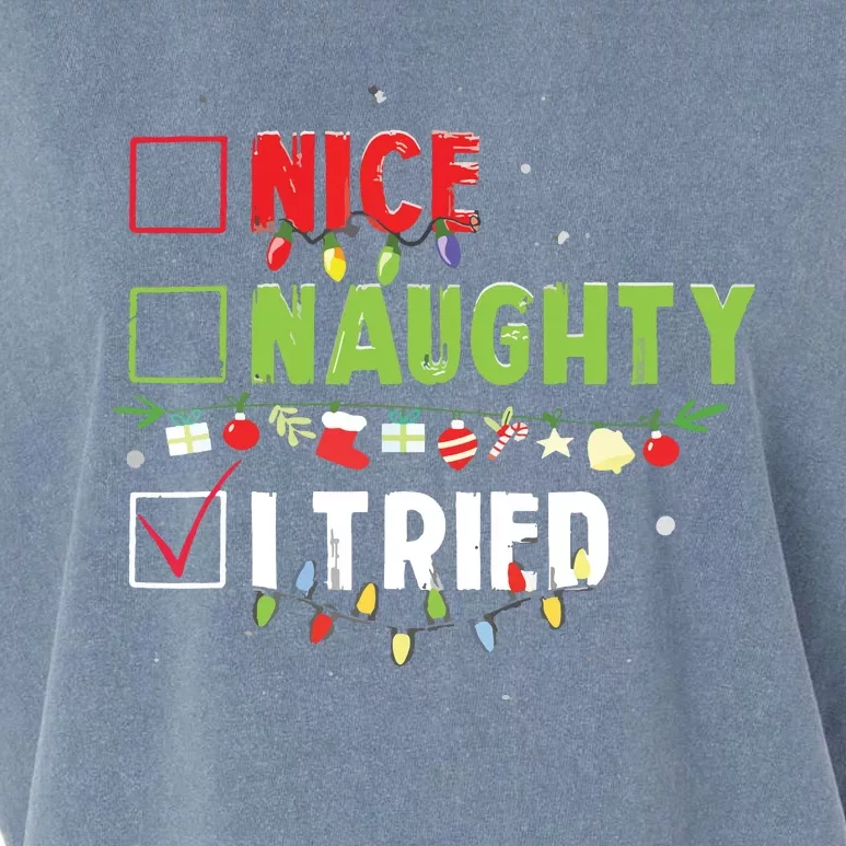 Nice Naughty I Tried Funny Santa Hat Christmas Garment-Dyed Women's Muscle Tee