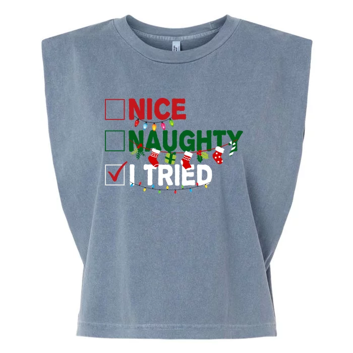 Nice Naughty I Tried Funny Christmas Checklist Garment-Dyed Women's Muscle Tee