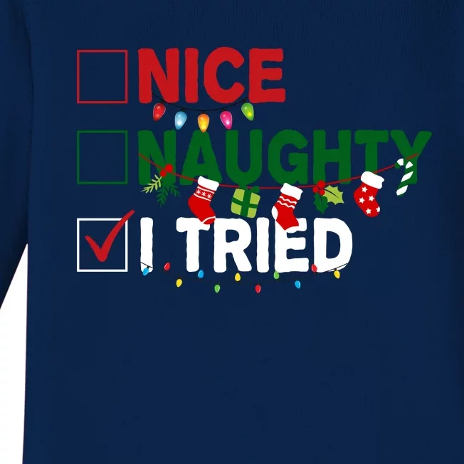 Nice Naughty I Tried Funny Christmas Checklist Baby Long Sleeve Bodysuit