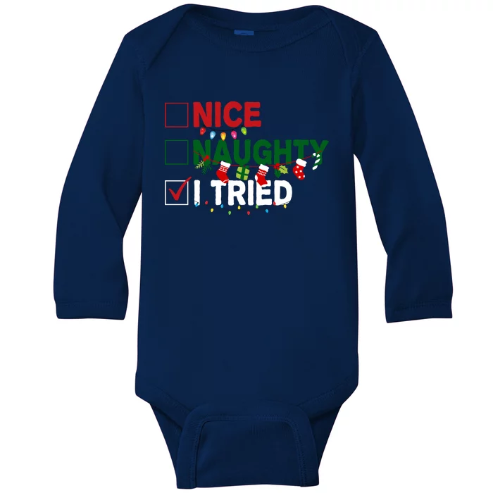 Nice Naughty I Tried Funny Christmas Checklist Baby Long Sleeve Bodysuit