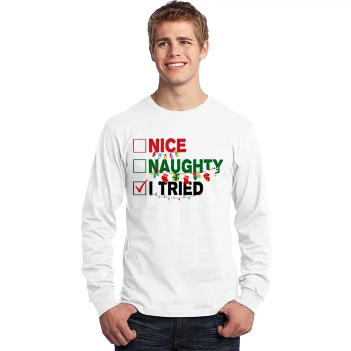 Nice Naughty I Tried Funny Christmas Checklist Tall Long Sleeve T-Shirt