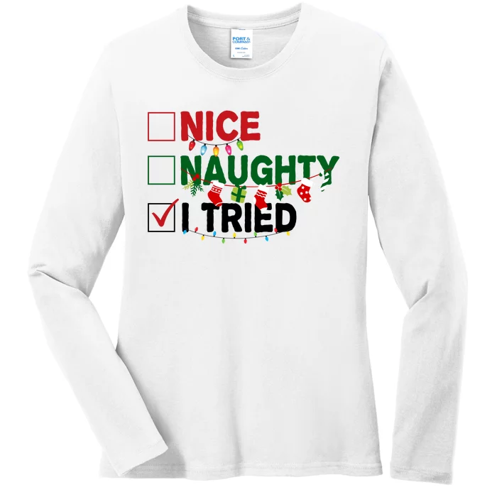 Nice Naughty I Tried Funny Christmas Checklist Ladies Long Sleeve Shirt