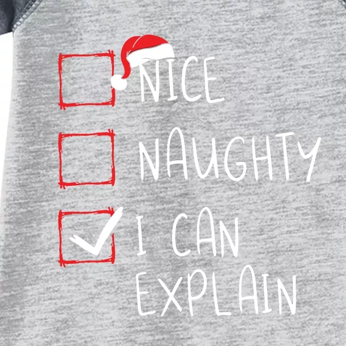 Nice Naughty I Can Explain Christmas List Xmas Santa Claus Infant Baby Jersey Bodysuit