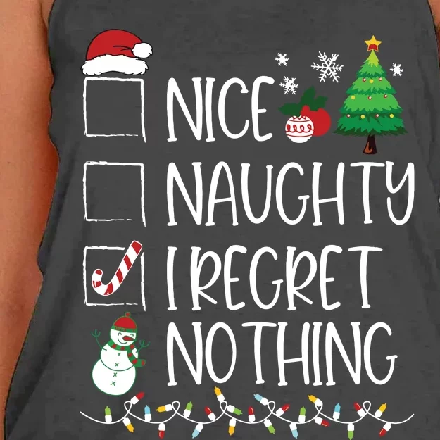 Nice Naughty I Regret Nothing Christmas List Santa Claus Women's Knotted Racerback Tank