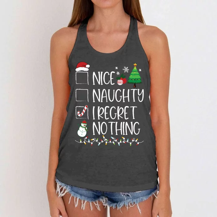 Nice Naughty I Regret Nothing Christmas List Santa Claus Women's Knotted Racerback Tank