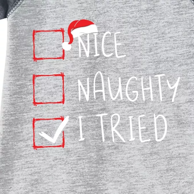 Nice Naughty I Tried Christmas List Xmas Santa Claus Infant Baby Jersey Bodysuit