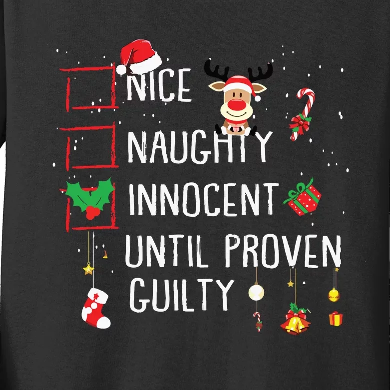 Nice Naughty Innocent Until Proven Guilty Christmas List Kids Long Sleeve Shirt