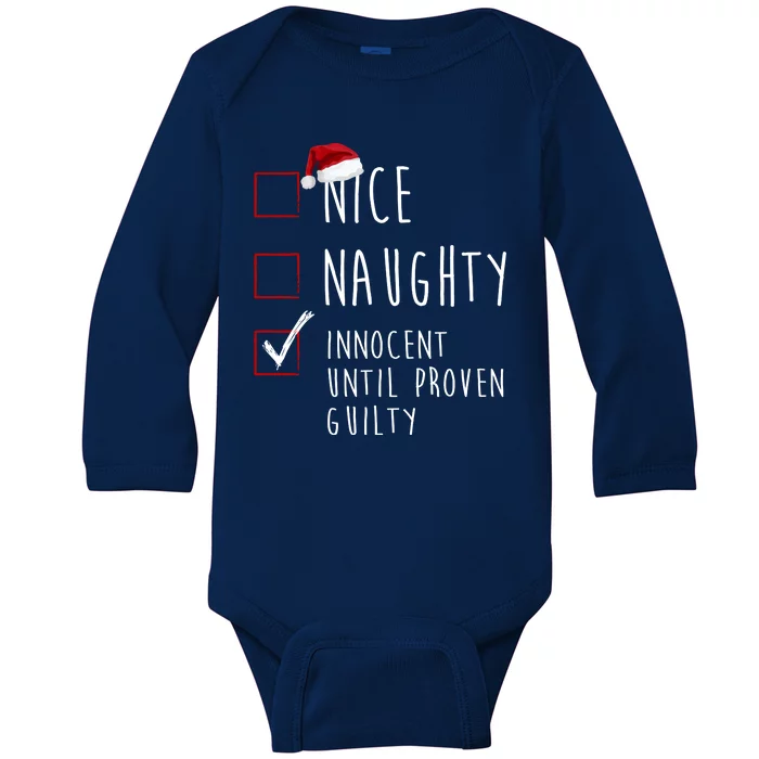 Nice Naughty Innocent Until Proven Guilty Christmas Checklist Baby Long Sleeve Bodysuit