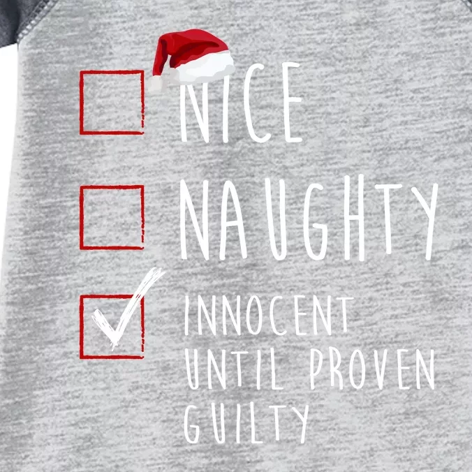 Nice Naughty Innocent Until Proven Guilty Christmas Checklist Infant Baby Jersey Bodysuit