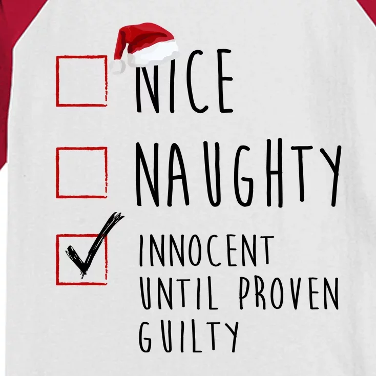 Nice Naughty Innocent Until Proven Guilty Christmas Checklist Kids Colorblock Raglan Jersey