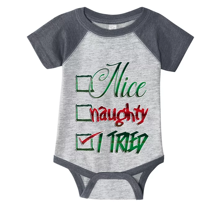 Nice Naughty I Tried Santa Checking List Ugly Christmas Infant Baby Jersey Bodysuit