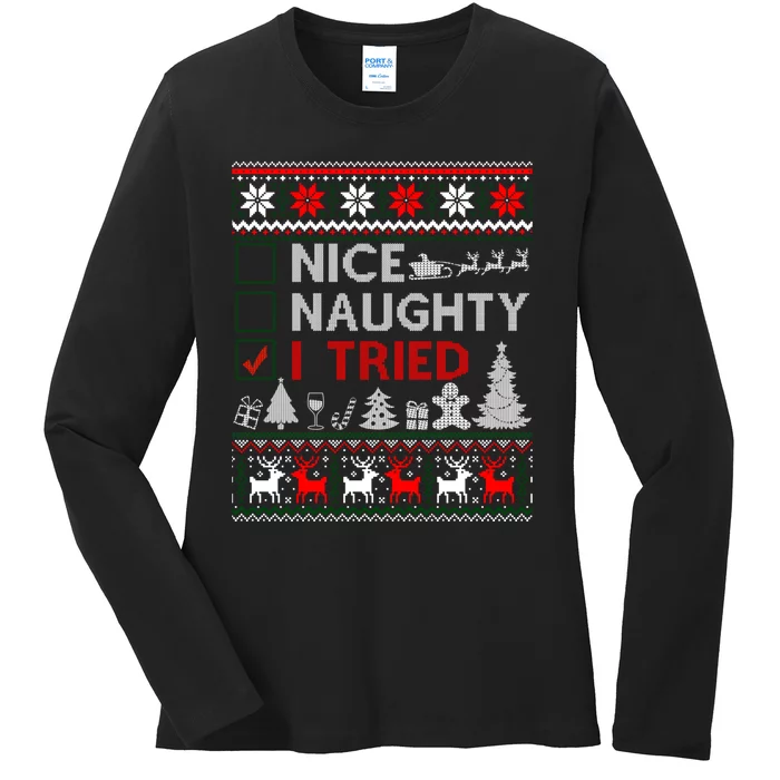 Nice Naughty I Tried Funny Christmas Gift Ugly Ladies Long Sleeve Shirt