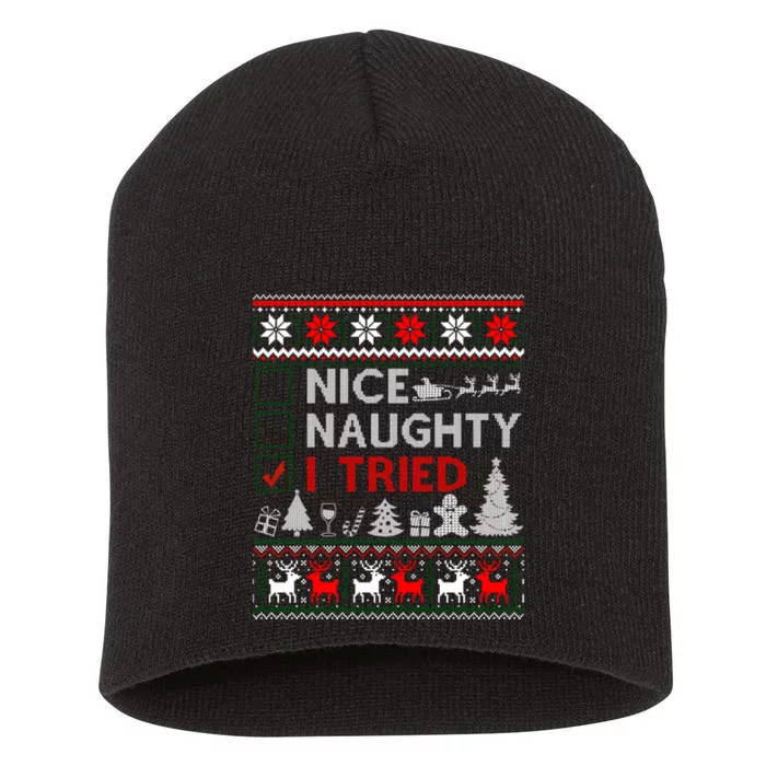 Nice Naughty I Tried Funny Christmas Gift Ugly Short Acrylic Beanie