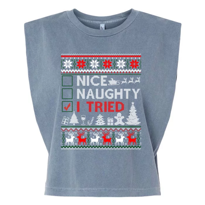 Nice Naughty I Tried Funny Christmas Gift Ugly Garment-Dyed Women's Muscle Tee