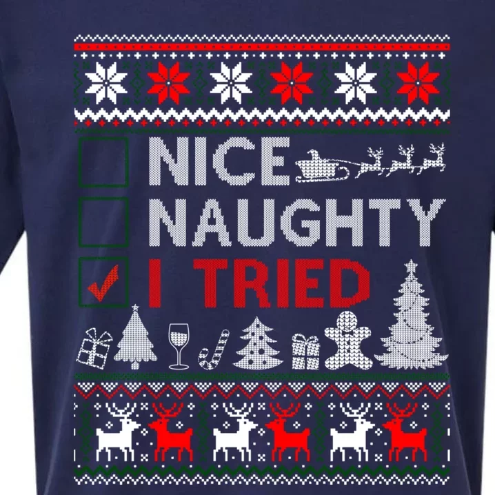 Nice Naughty I Tried Funny Christmas Gift Ugly Sueded Cloud Jersey T-Shirt