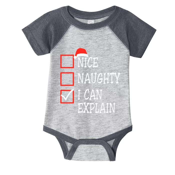 Nice Naughty I Can Explain Christmas List Xmas Santa Claus Infant Baby Jersey Bodysuit