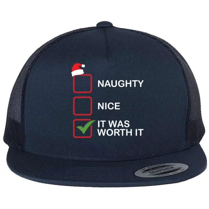 Naughty Nice It Was Worth It Funny Christmas List Xmas Santa Flat Bill Trucker Hat