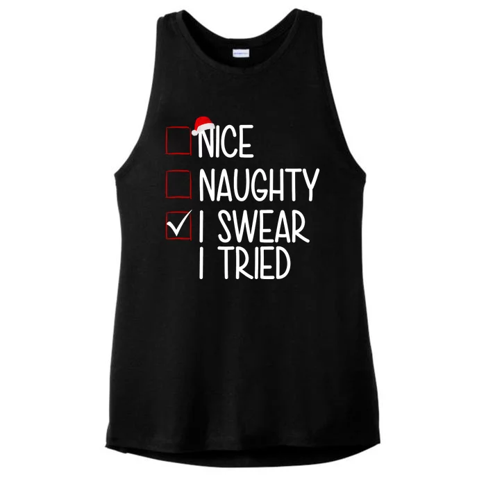 Nice Naughty I Swear I Tired Funny Christmas Holiday Ladies Tri-Blend Wicking Tank