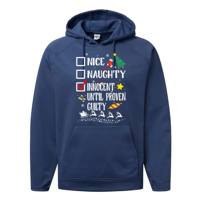 Nice Naughty Innocent Until Proven Guilty Xmas Santa Hat Cool Gift Performance Fleece Hoodie