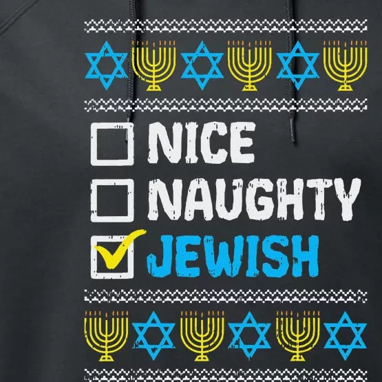 Nice Naughty Jewish Ugly Hanukkah Sweater Chanukah Jew Gift Short Sleeve Performance Fleece Hoodie