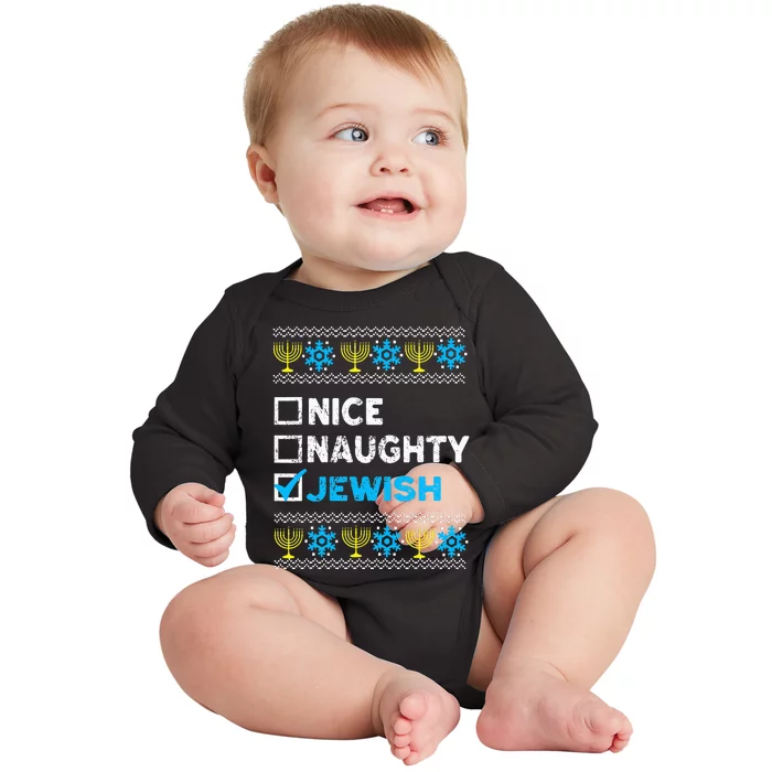 Nice Naughty Jewish Ugly Hanukkah Sweater Chanukah Jew Baby Long Sleeve Bodysuit