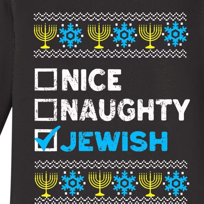 Nice Naughty Jewish Ugly Hanukkah Sweater Chanukah Jew Baby Long Sleeve Bodysuit