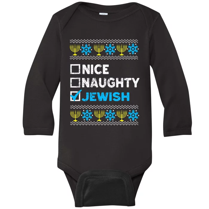 Nice Naughty Jewish Ugly Hanukkah Sweater Chanukah Jew Baby Long Sleeve Bodysuit