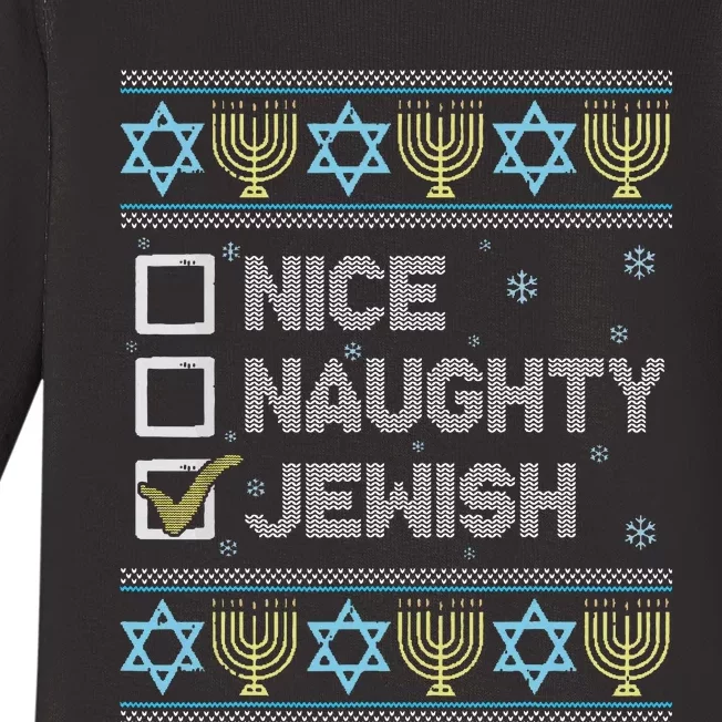 Nice Naughty Jewish Ugly Hanukkah Sweater Chanukah Jew Baby Long Sleeve Bodysuit