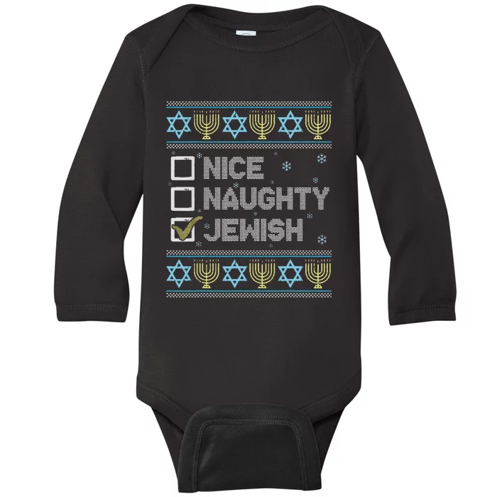 Nice Naughty Jewish Ugly Hanukkah Sweater Chanukah Jew Baby Long Sleeve Bodysuit