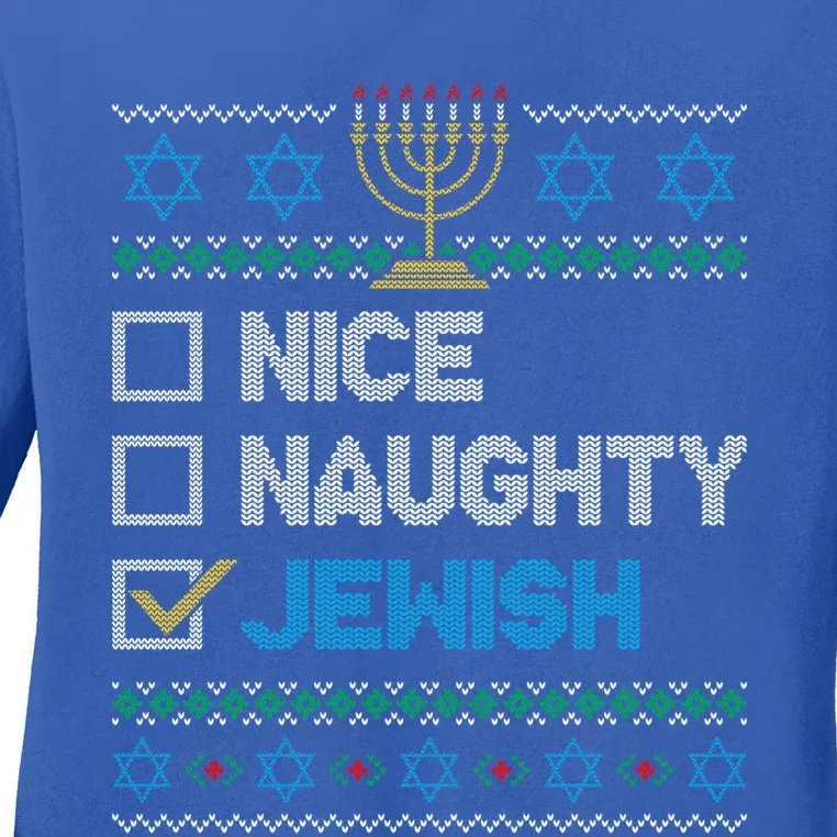 Nice Naughty Jewish Ugly Christmas Sweater Funny Hanukkah Gift Ladies Long Sleeve Shirt