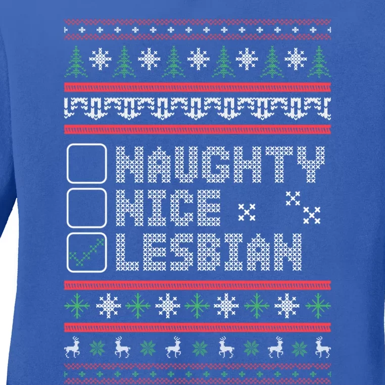 Naught Nice Lesbian Pride Funny Ugly Christmas Theme Party Gift Ladies Long Sleeve Shirt