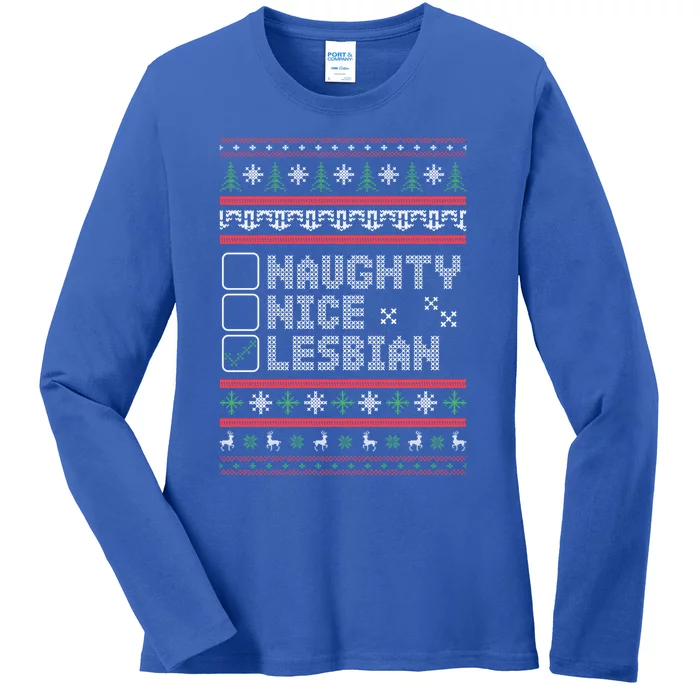 Naught Nice Lesbian Pride Funny Ugly Christmas Theme Party Gift Ladies Long Sleeve Shirt