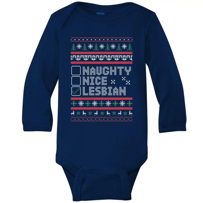 Naught Nice Lesbian Pride Funny Ugly Christmas Theme Party Gift Baby Long Sleeve Bodysuit