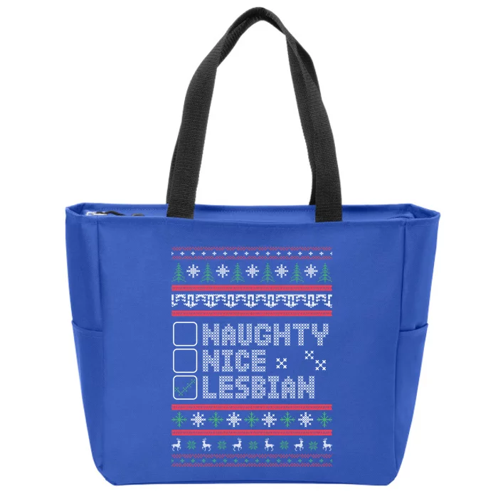 Naught Nice Lesbian Pride Funny Ugly Christmas Theme Party Gift Zip Tote Bag