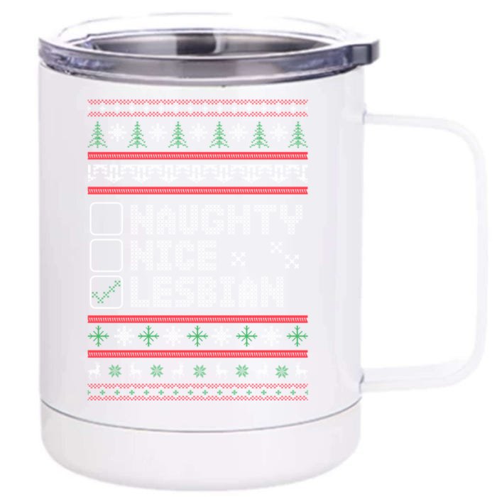 Naught Nice Lesbian Pride Funny Ugly Christmas Theme Party Gift Front & Back 12oz Stainless Steel Tumbler Cup