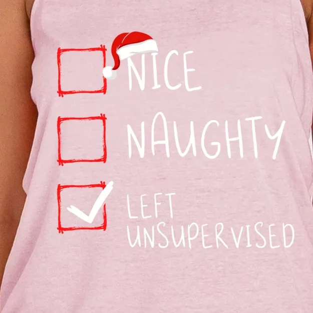 Nice Naughty Left Unsupervised Christmas List Santa Claus Cute Gift Women's Knotted Racerback Tank