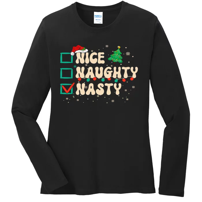 Nice Naughty Nasty List Xmas Santa Claus PJs Funny Ladies Long Sleeve Shirt