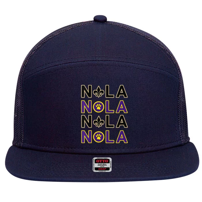 Nola New Orleans La We Love New Orleans Black Purple Gold 7 Panel Mesh Trucker Snapback Hat