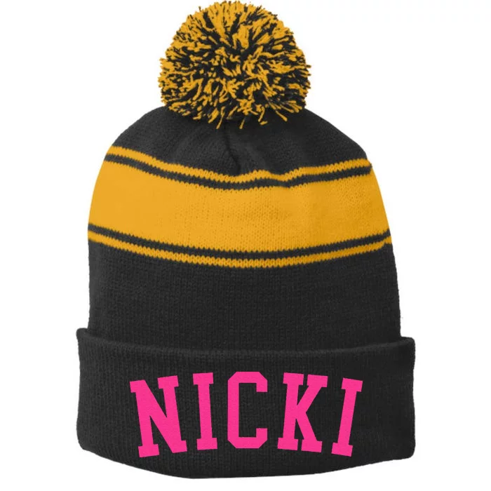 Name Nicki Personalized I Love Nicki Vintage Retro Stripe Pom Pom Beanie