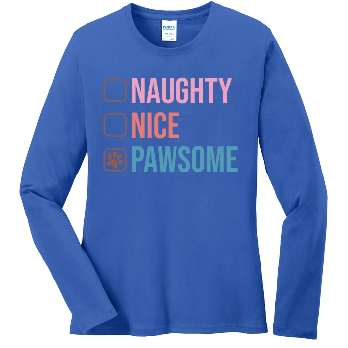 Naughty Nice Pawsome Funny Christmas Dog Saying Paws Retro Cute Gift Ladies Long Sleeve Shirt