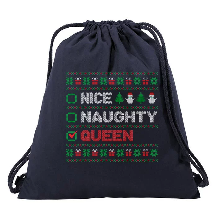 Nice Naughty Queen Christmas List Ugly Sweater Gift Drawstring Bag